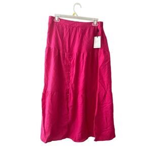 Japna A-line Midi Skirt Women's M‎ Pink Hi-Rise Front Button Detail Cotton Blend